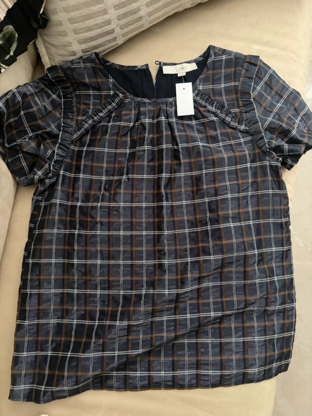 LOFT Navy Plaid Short Sleeve Ruffle Blouse with Brown Accents S